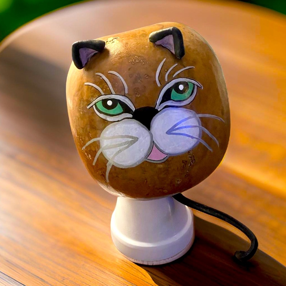 Hand crafted painted brown black white cat dried gourd decoration green eyes